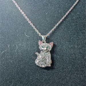 Cat Rhinestone Pendant Necklace Silver Tone 21in Chain Cute Animal
